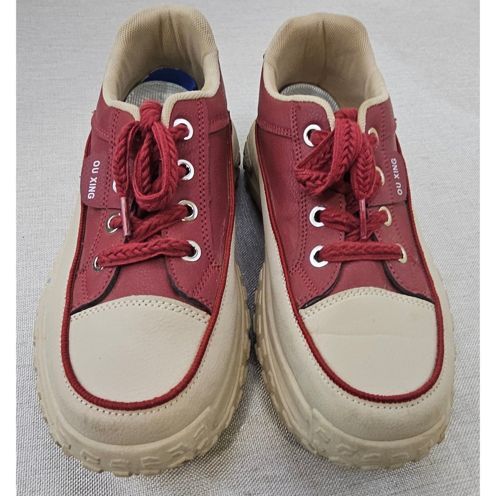 OU XING Platform Sneakers Unisex EU 43 Red Cream Chunky Streetwear Low Top Shoes